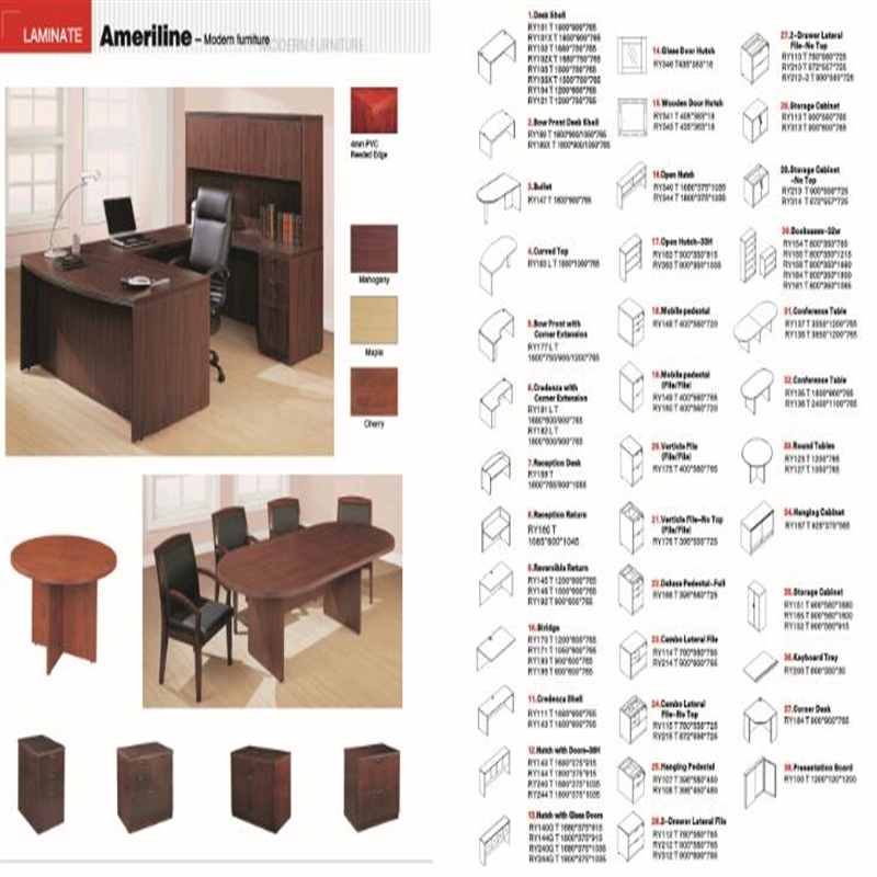 laminat kontorsmöbler för amerikanska marknaden- E1-kort med CARB-certifikat. Skrivbord, U-set, casegoods, bokhylla, skåp etc.